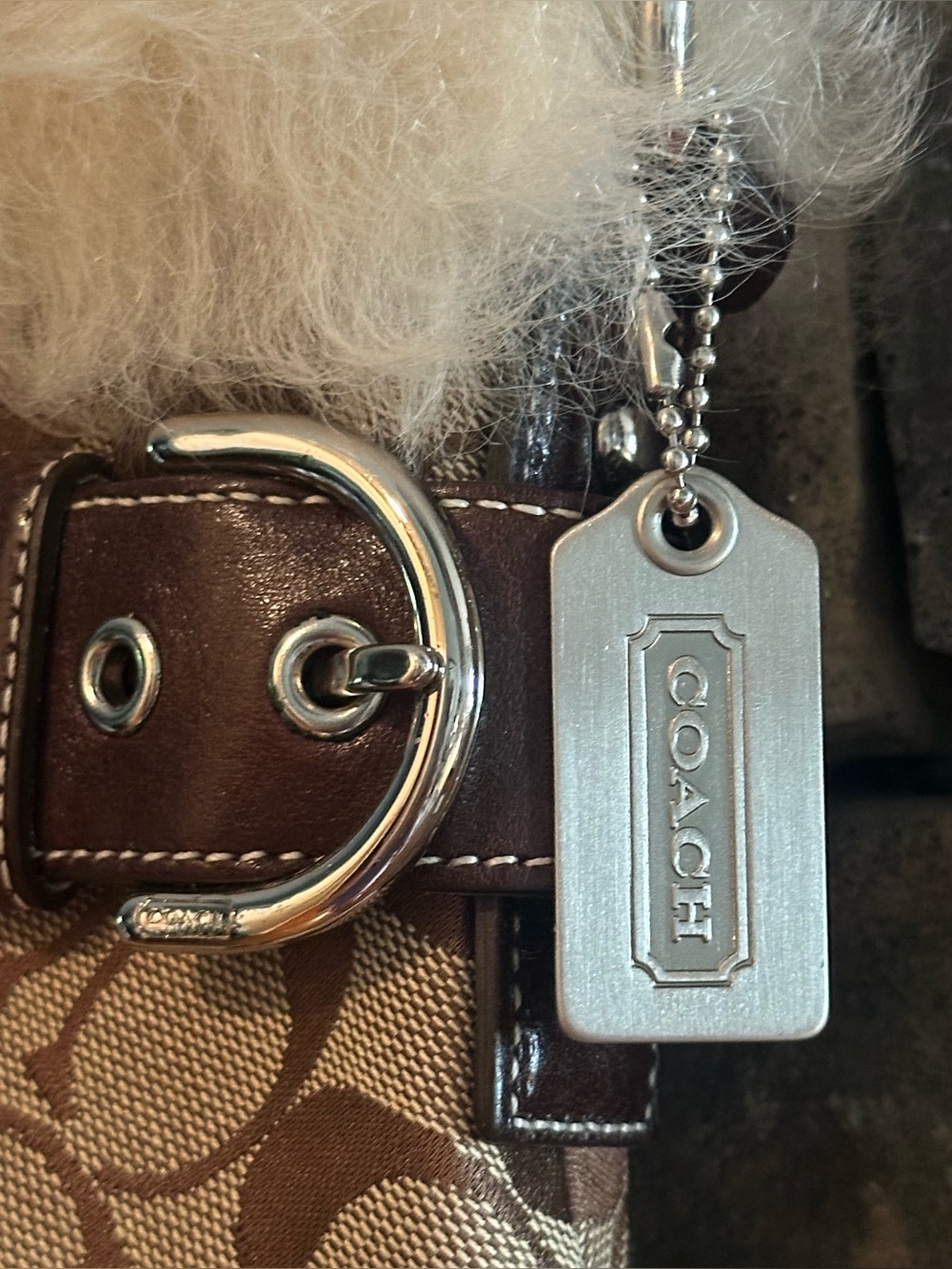 Auth. Coach Brown Signature Canvas Shoulder Bag with Shearling Cream Fur Trim!! - Picture 3 of 15